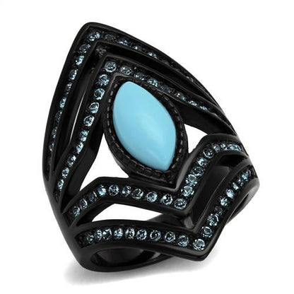 TK2482 - IP Black(Ion Plating) Stainless Steel Ring with Synthetic Turquoise in Sea Blue-0