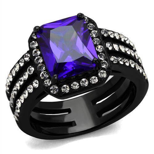 TK2486 - IP Black(Ion Plating) Stainless Steel Ring with AAA Grade CZ  in Tanzanite-0