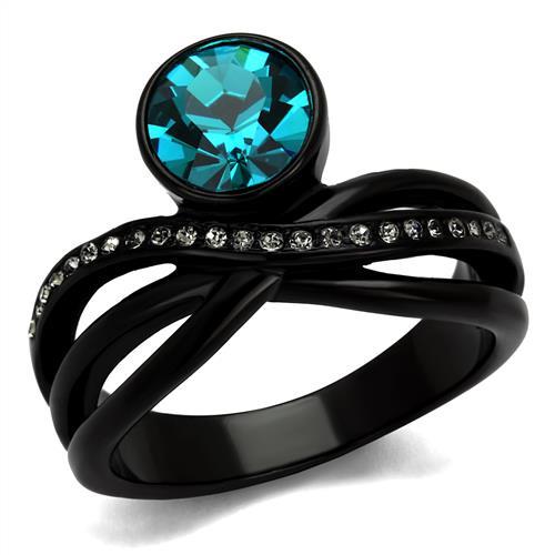 TK2488 - IP Black(Ion Plating) Stainless Steel Ring with Top Grade Crystal  in Blue Zircon-0