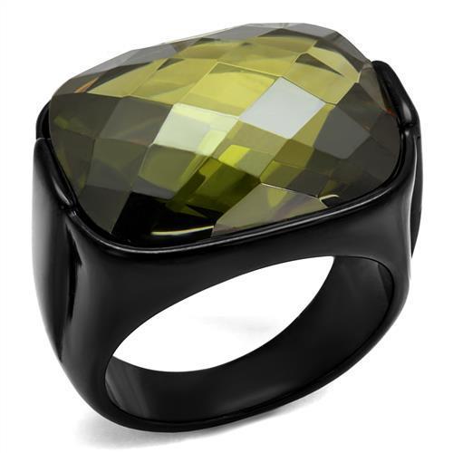 TK2639 - IP Black(Ion Plating) Stainless Steel Ring with AAA Grade CZ  in Olivine color-0