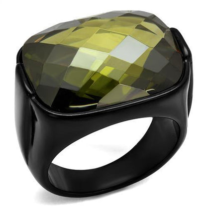TK2639 - IP Black(Ion Plating) Stainless Steel Ring with AAA Grade CZ  in Olivine color-0