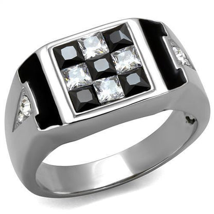 TK2663 - High polished (no plating) Stainless Steel Ring with AAA Grade CZ  in Jet-0