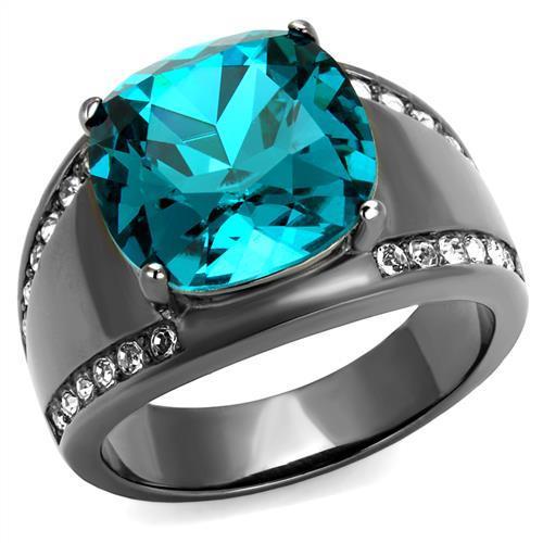 TK2678 - IP Light Black  (IP Gun) Stainless Steel Ring with Top Grade Crystal  in Blue Zircon-0