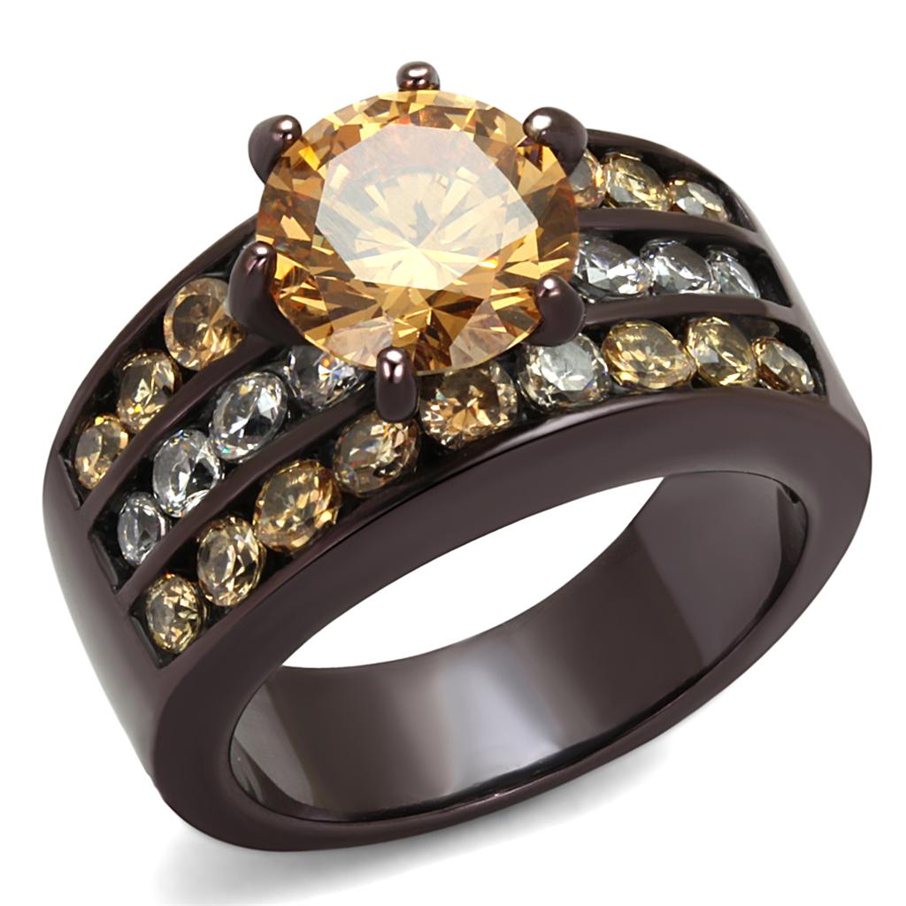 TK2681 - IP Dark Brown (IP coffee) Stainless Steel Ring with AAA Grade CZ  in Champagne-0