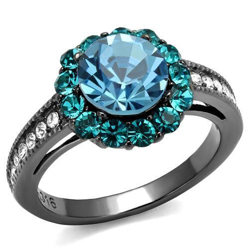 TK2716 - IP Light Black  (IP Gun) Stainless Steel Ring with Top Grade Crystal  in Sea Blue-0