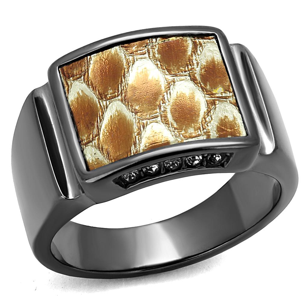 TK2738 - IP Light Black  (IP Gun) Stainless Steel Ring with Leather  in Brown-0