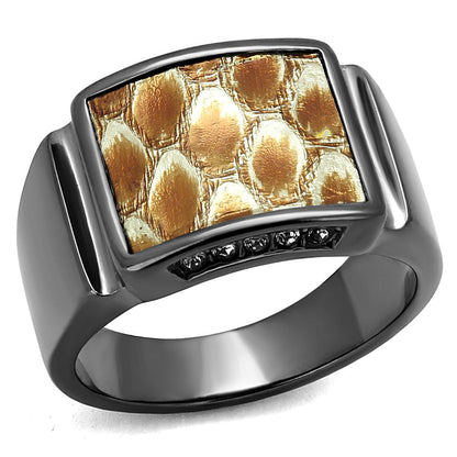 TK2738 - IP Light Black  (IP Gun) Stainless Steel Ring with Leather  in Brown-0