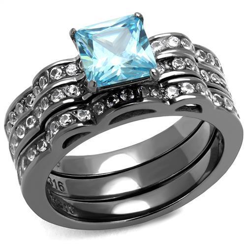 TK2748 - IP Light Black  (IP Gun) Stainless Steel Ring with AAA Grade CZ  in Sea Blue-0