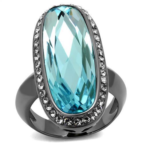 TK2804 - IP Light Black  (IP Gun) Stainless Steel Ring with Top Grade Crystal  in Sea Blue-0