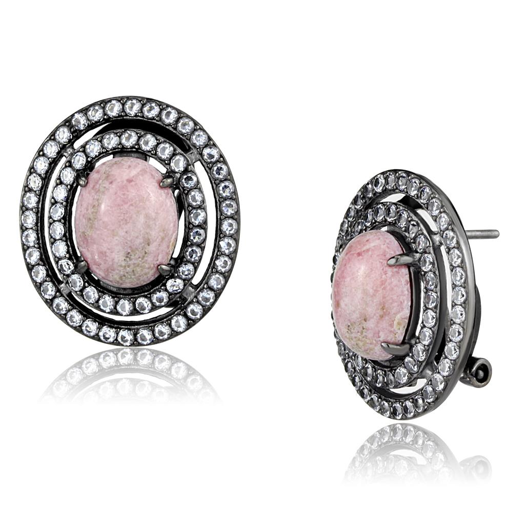 TK2822 - IP Light Black  (IP Gun) Stainless Steel Earrings with Semi-Precious Coral in Light Rose-0