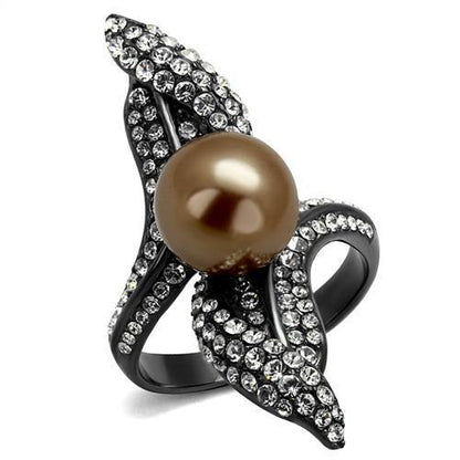 TK2834 - IP Light Black  (IP Gun) Stainless Steel Ring with Synthetic Pearl in Brown-0