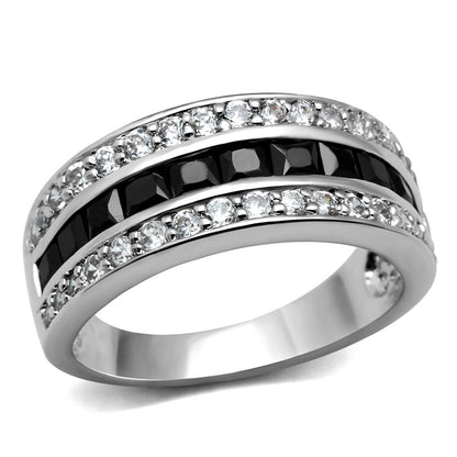 TK2872 - High polished (no plating) Stainless Steel Ring with AAA Grade CZ  in Black Diamond-0