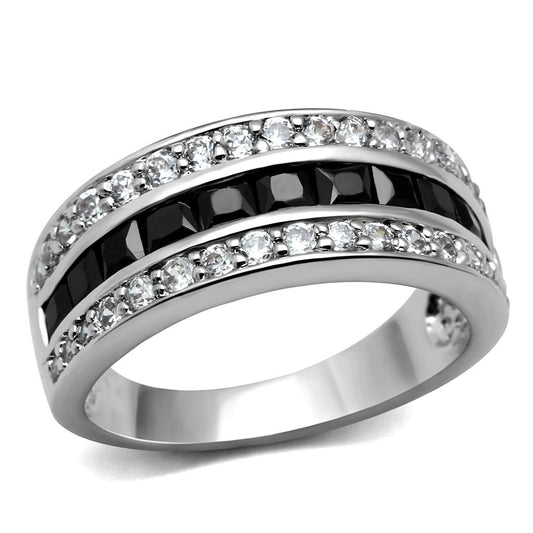 TK2872 - High polished (no plating) Stainless Steel Ring with AAA Grade CZ  in Black Diamond-0