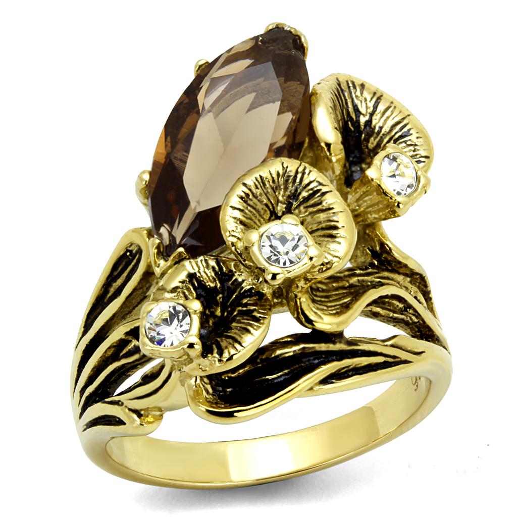 TK2914 - IP Gold(Ion Plating) Stainless Steel Ring with Synthetic Synthetic Glass in Brown-0