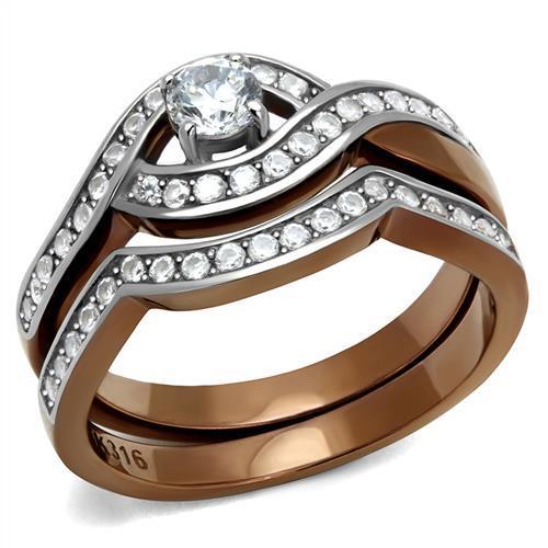 TK2953 - Two Tone IP Light Brown (IP Light coffee) Stainless Steel Ring with AAA Grade CZ  in Clear-0