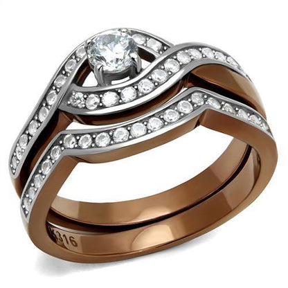 TK2953 - Two Tone IP Light Brown (IP Light coffee) Stainless Steel Ring with AAA Grade CZ  in Clear-0