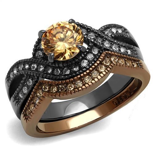 TK2957 - IP Light Black & IP Light coffee Stainless Steel Ring with AAA Grade CZ  in Champagne-0