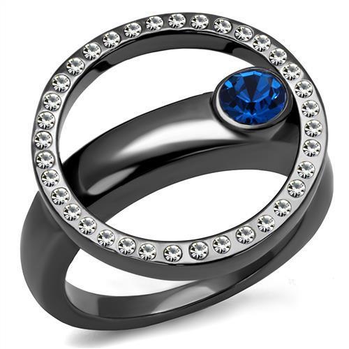 TK2974 - IP Light Black  (IP Gun) Stainless Steel Ring with Top Grade Crystal  in Capri Blue-0