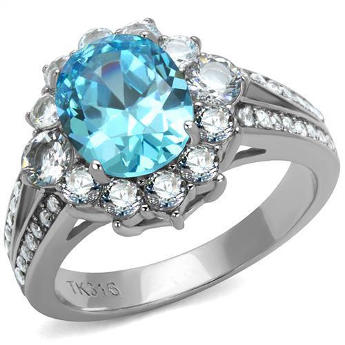 TK2977 - High polished (no plating) Stainless Steel Ring with AAA Grade CZ  in Sea Blue-0