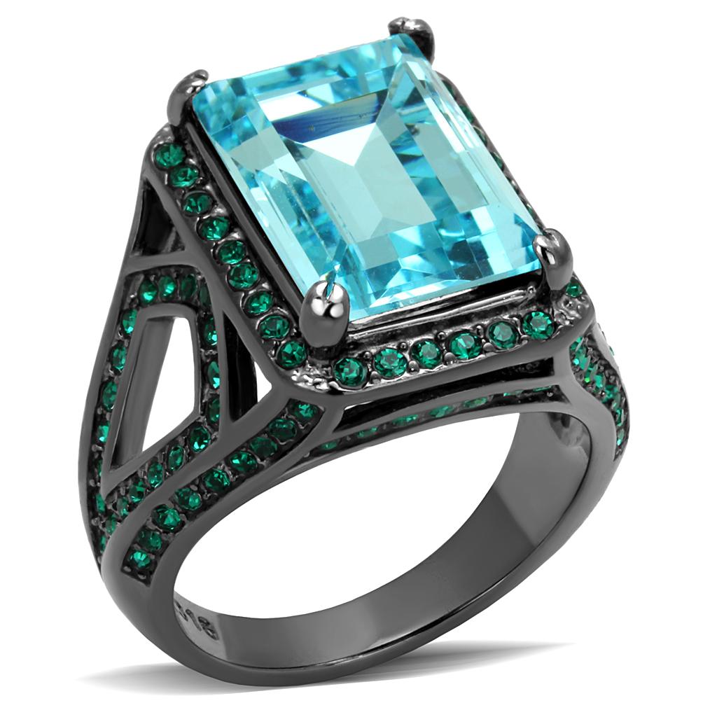 TK2988 - IP Light Black  (IP Gun) Stainless Steel Ring with Top Grade Crystal  in Sea Blue-0