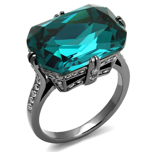 TK2998 - IP Light Black  (IP Gun) Stainless Steel Ring with Top Grade Crystal  in Blue Zircon-0