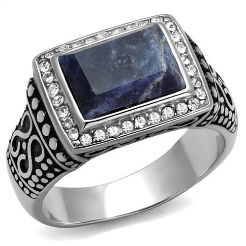 TK3003 - High polished (no plating) Stainless Steel Ring with Semi-Precious Sodalite in Capri Blue-0