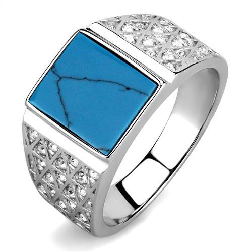 TK3004 - High polished (no plating) Stainless Steel Ring with Synthetic Turquoise in Sea Blue-0