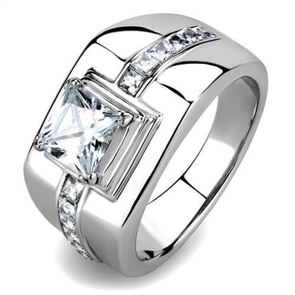 TK3011 - High polished (no plating) Stainless Steel Ring with AAA Grade CZ  in Clear-0