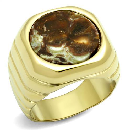 TK3017 - IP Gold(Ion Plating) Stainless Steel Ring with Semi-Precious Oligoclase in Smoked Quartz-0
