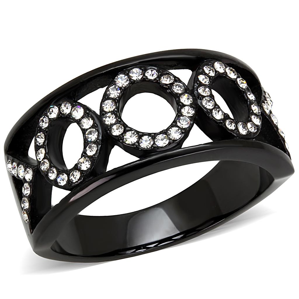 TK3046 - IP Black(Ion Plating) Stainless Steel Ring with Top Grade Crystal  in Clear-0