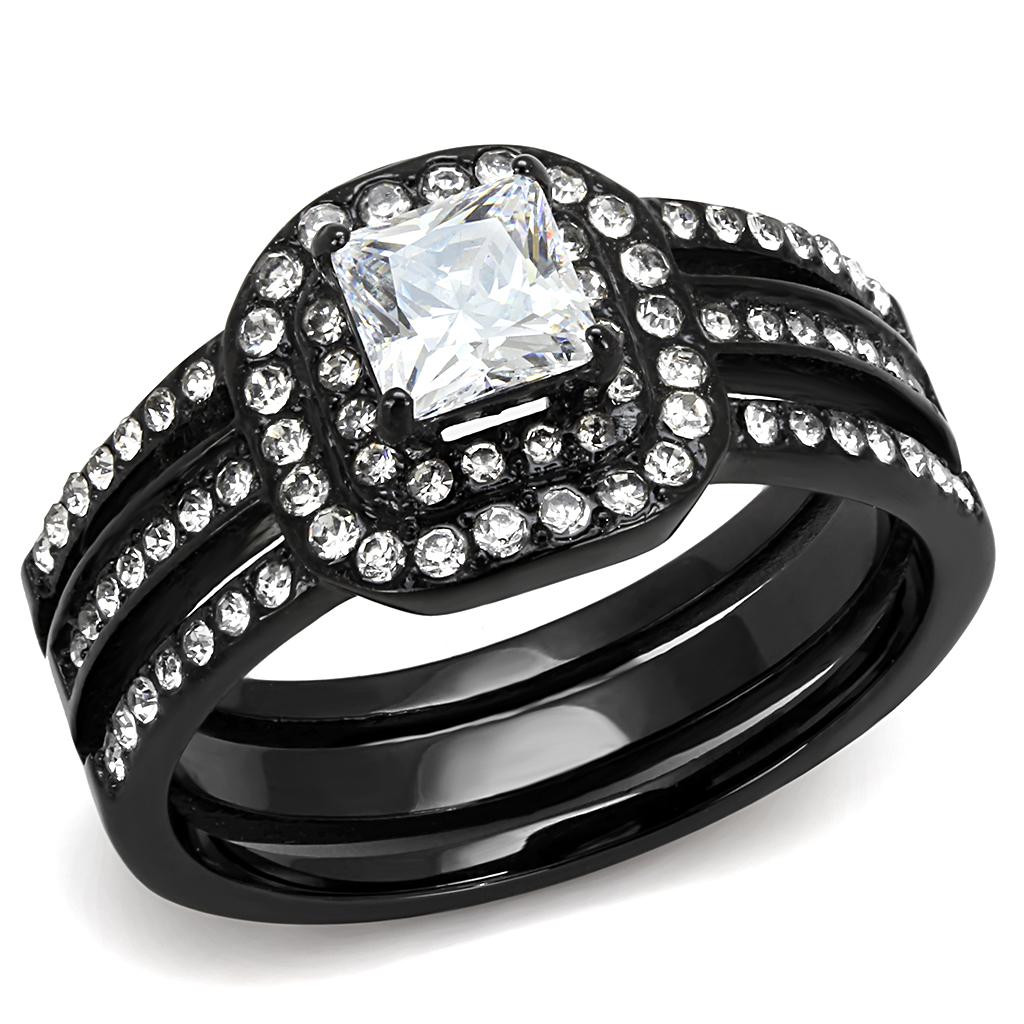 TK3048 - IP Black(Ion Plating) Stainless Steel Ring with AAA Grade CZ  in Clear-0
