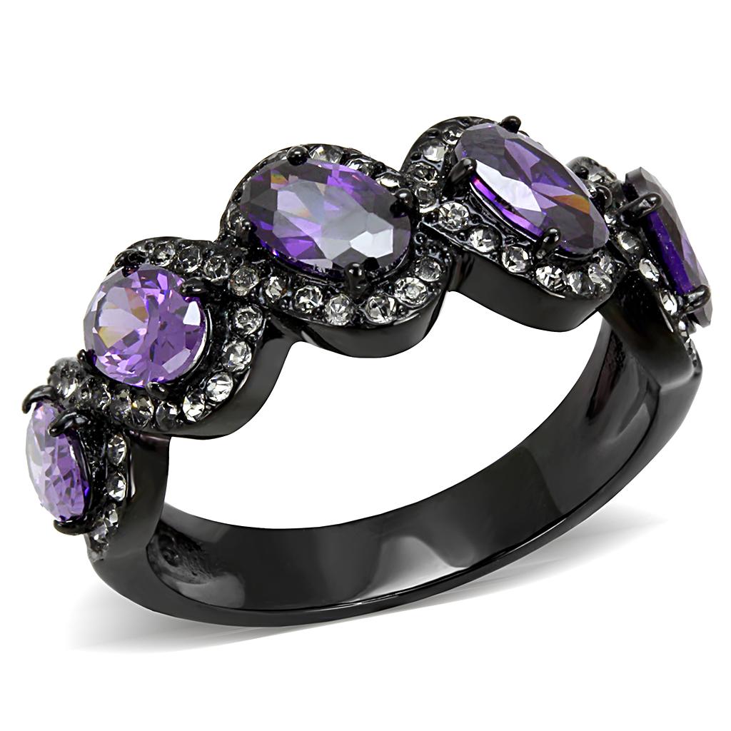 TK3051 - IP Black(Ion Plating) Stainless Steel Ring with AAA Grade CZ  in Amethyst-0