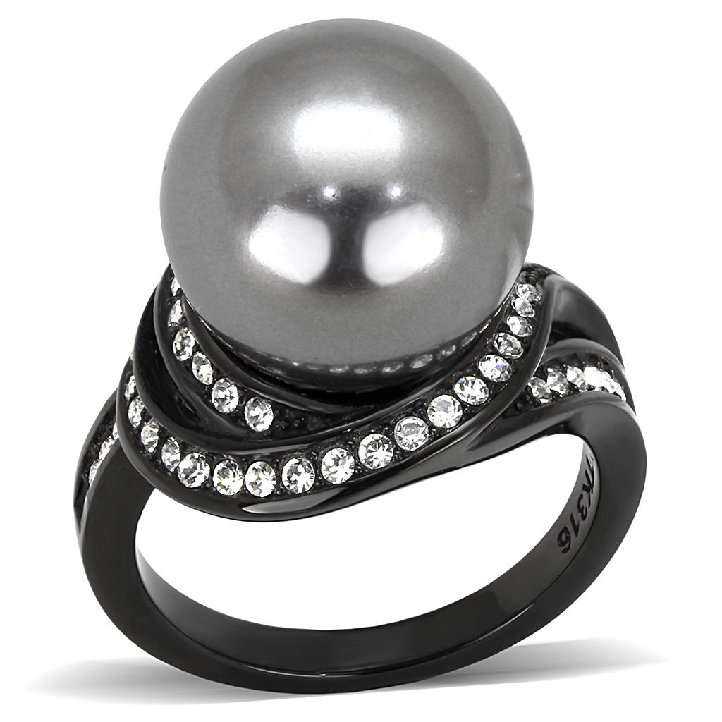 TK3052 - IP Black(Ion Plating) Stainless Steel Ring with Synthetic Pearl in Gray-0