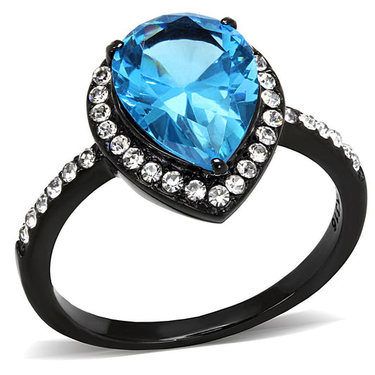 TK3057 - IP Black(Ion Plating) Stainless Steel Ring with Synthetic Synthetic Glass in Sea Blue-0