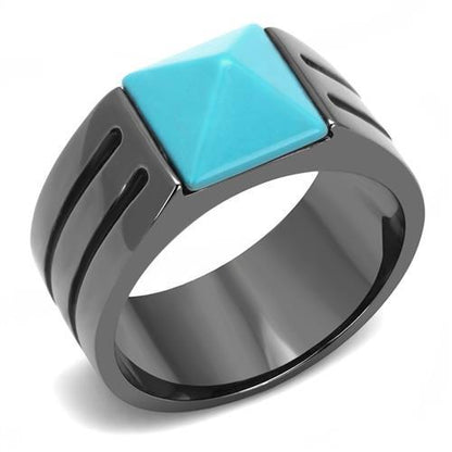 TK3074 - IP Light Black  (IP Gun) Stainless Steel Ring with Synthetic Turquoise in Sea Blue-0
