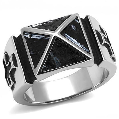 TK3075 - High polished (no plating) Stainless Steel Ring with Leather  in Jet-0
