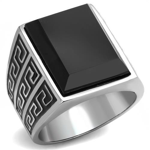 TK3076 - High polished (no plating) Stainless Steel Ring with Synthetic Onyx in Jet-0
