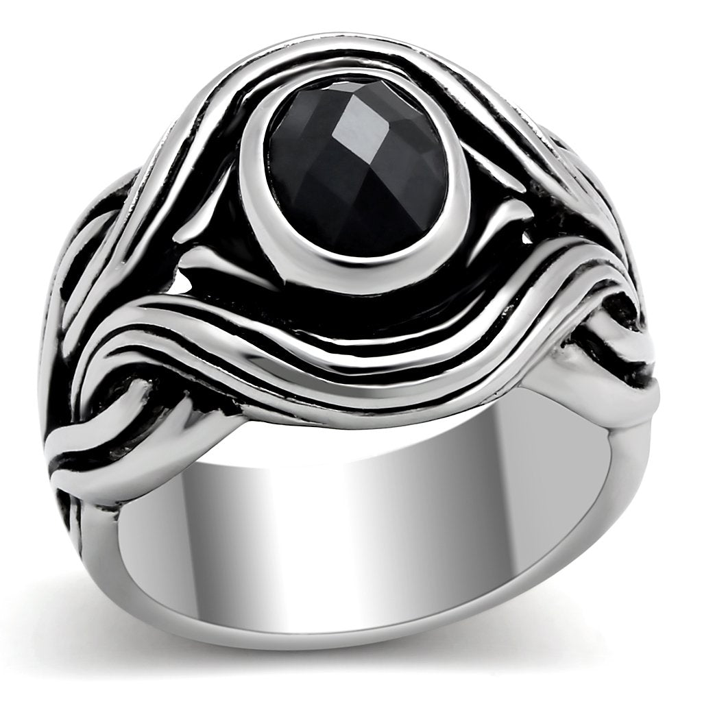 TK307 - High polished (no plating) Stainless Steel Ring with AAA Grade CZ  in Jet-0
