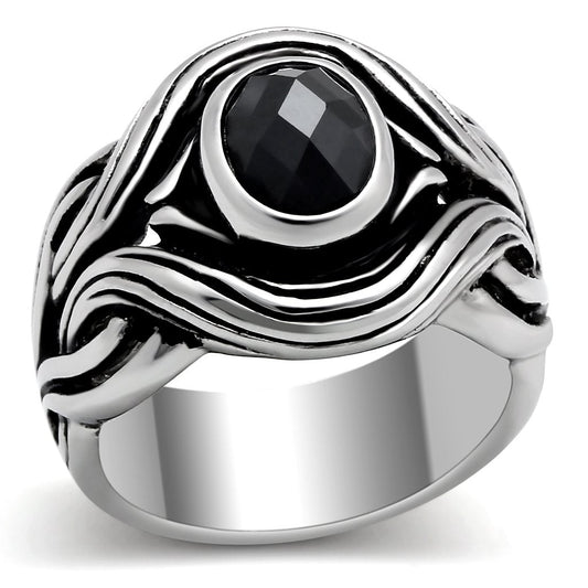 TK307 - High polished (no plating) Stainless Steel Ring with AAA Grade CZ  in Jet-0