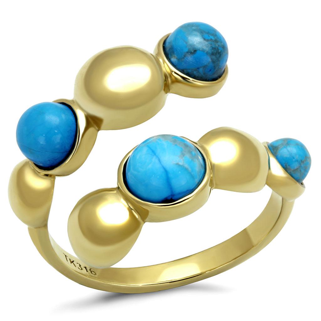 TK3091 - IP Gold(Ion Plating) Stainless Steel Ring with Semi-Precious Turquoise in Sea Blue-0