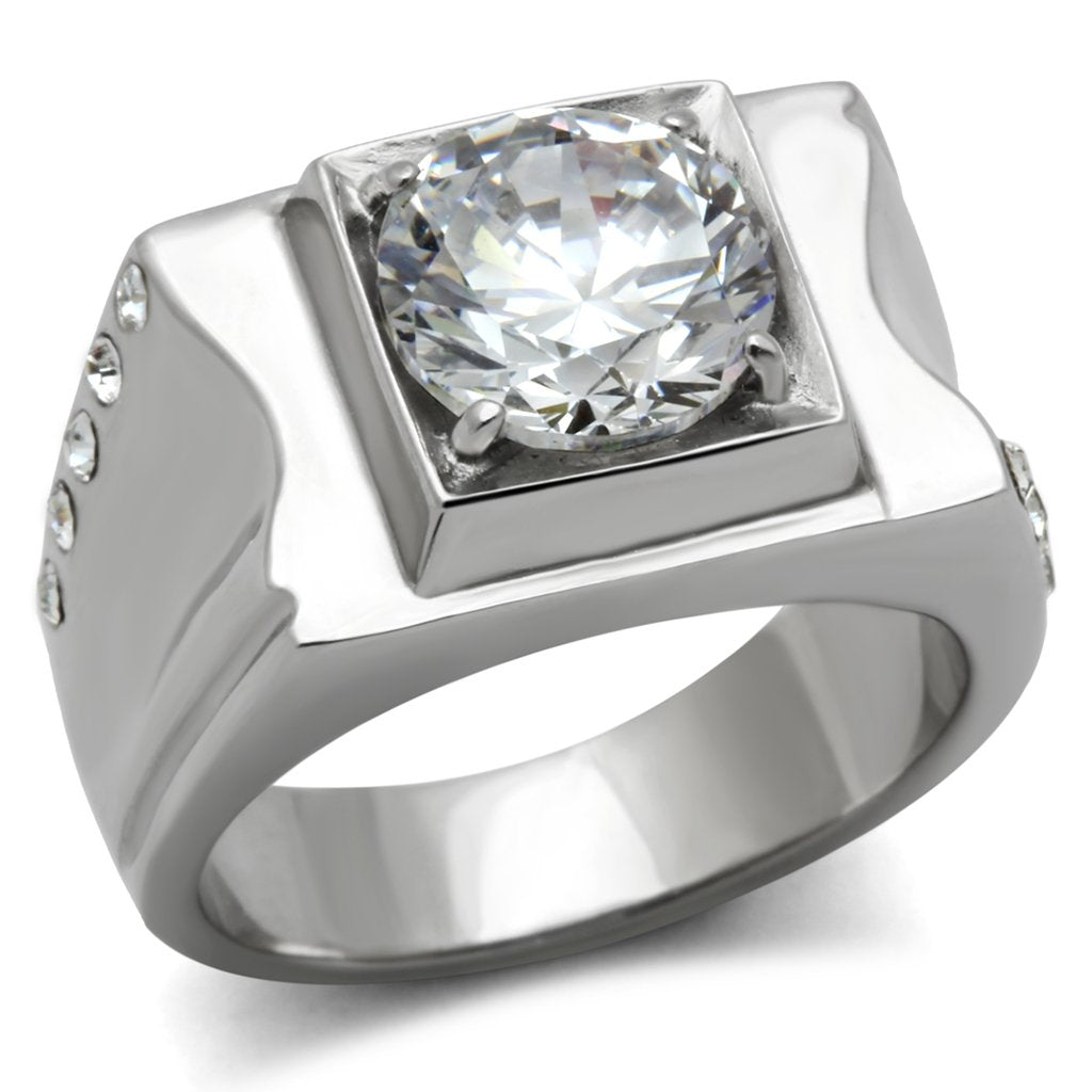 TK311 - High polished (no plating) Stainless Steel Ring with AAA Grade CZ  in Clear-0