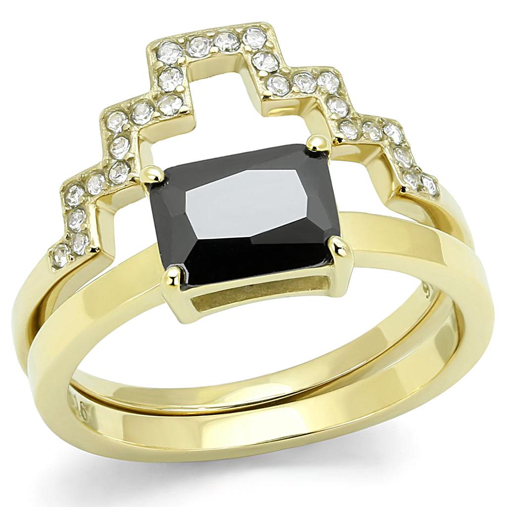 TK3127 - IP Gold(Ion Plating) Stainless Steel Ring with AAA Grade CZ  in Black Diamond-0