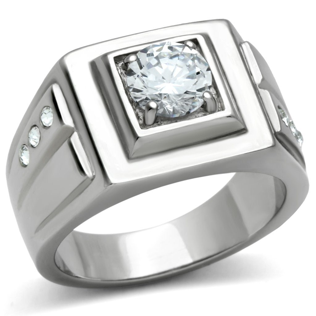 TK313 - High polished (no plating) Stainless Steel Ring with AAA Grade CZ  in Clear-0