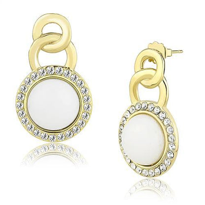 TK3152 - IP Gold(Ion Plating) Stainless Steel Earrings with Synthetic Jade in White-0