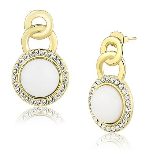 TK3152 - IP Gold(Ion Plating) Stainless Steel Earrings with Synthetic Jade in White-0