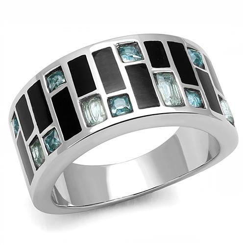 TK3175 - High polished (no plating) Stainless Steel Ring with Synthetic Synthetic Glass in Sea Blue-0