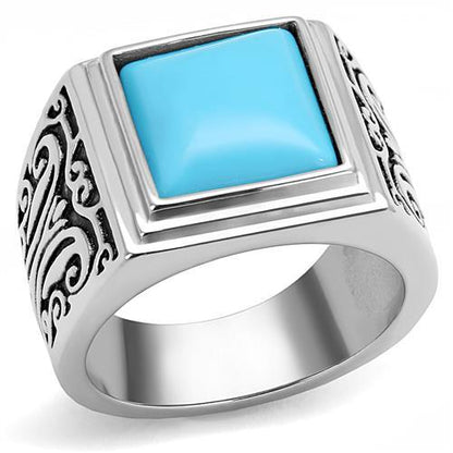 TK3188 - High polished (no plating) Stainless Steel Ring with Synthetic Turquoise in Sea Blue-0