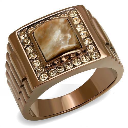 TK3190 - IP Coffee light Stainless Steel Ring with Semi-Precious Rain Flower Stone in Brown-0