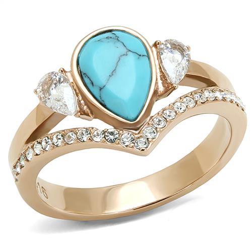 TK3200 - IP Rose Gold(Ion Plating) Stainless Steel Ring with Synthetic Turquoise in Sea Blue-0