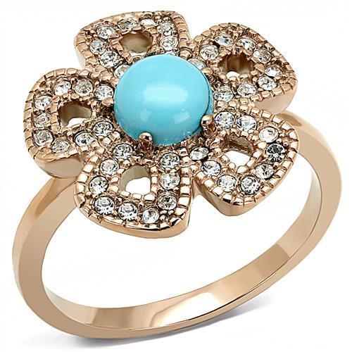 TK3201 - IP Rose Gold(Ion Plating) Stainless Steel Ring with Synthetic Turquoise in Sea Blue-0